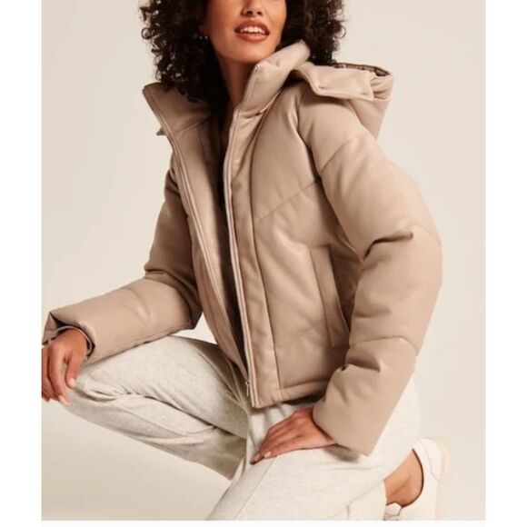 Abercrombie & Fitch Vegan Leather Hooded Crop Puffer Jacket - Picture 1 of 9